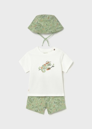 Komplet trzyczęściowy, koszulka z krótkim rękawem ,szorty i kapelusz z motywem kameleona dla niemowlęcia Mayoral