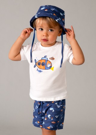 Komplet trzyczęściowy, koszulka z krótkim rękawem ,szorty i kapelusz z motywem rybek dla niemowlęcia Mayoral
