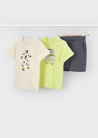 Komplet dzianinowy trzyczęściowy ,dwie koszulki z krótkim rękawem z motywem robota i szorty dla chłopca Mayoral