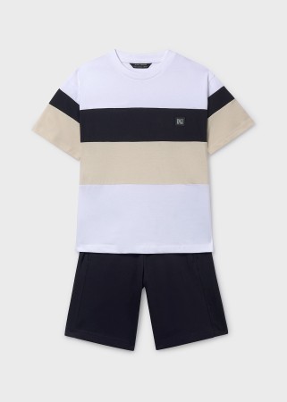 Komplet dwuczęściowy dzianinowy, koszulka z krótkim rękawem w pasy oraz szorty dla chłopca Mayoral