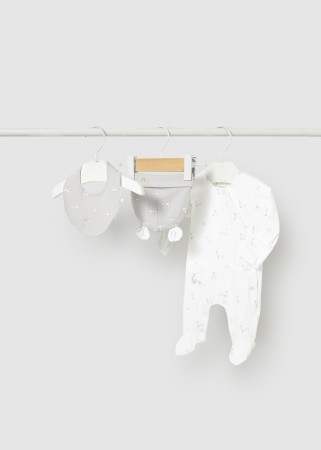 Komplet trzyczęściowy pajacyk z długim rękawem,czapka i śliniaczek z nadrukiem gąski dla niemowlęcia Mayoral