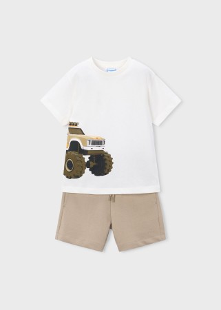 Komplet dwuczęściowy dzianinowy koszulka z krótkim rękawem z motywem auta i szorty dla chłopca Mayoral 