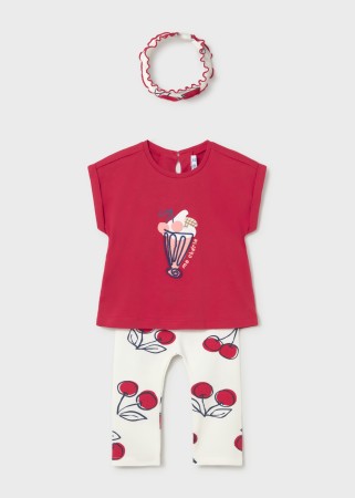 Komplet trzyczęściowy koszulka z krótkim rękawem, długie leginsy oraz opaska na głowę z motywem wiśni dla niemowlęcia Mayoral