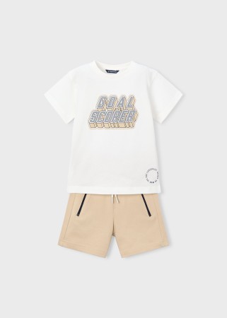 Komplet dwuczęściowy dzianinowy koszulka z krótkim rękawem z napisem i szorty z zamkami dla chłopca Mayoral