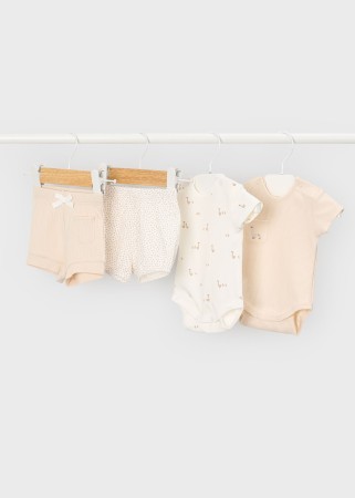Komplet dzianinowy czteroczęściowy,  body z krótkim rękawem oraz krótkie spodenki dla niemowlęcia Mayoral