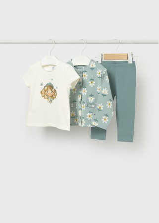 Komplet trzyczęściowy, koszulka z krótkim rękawem,długie leginsy  oraz bluza w stokrotki zapiana na guziki dla niemowlęcia Mayoral